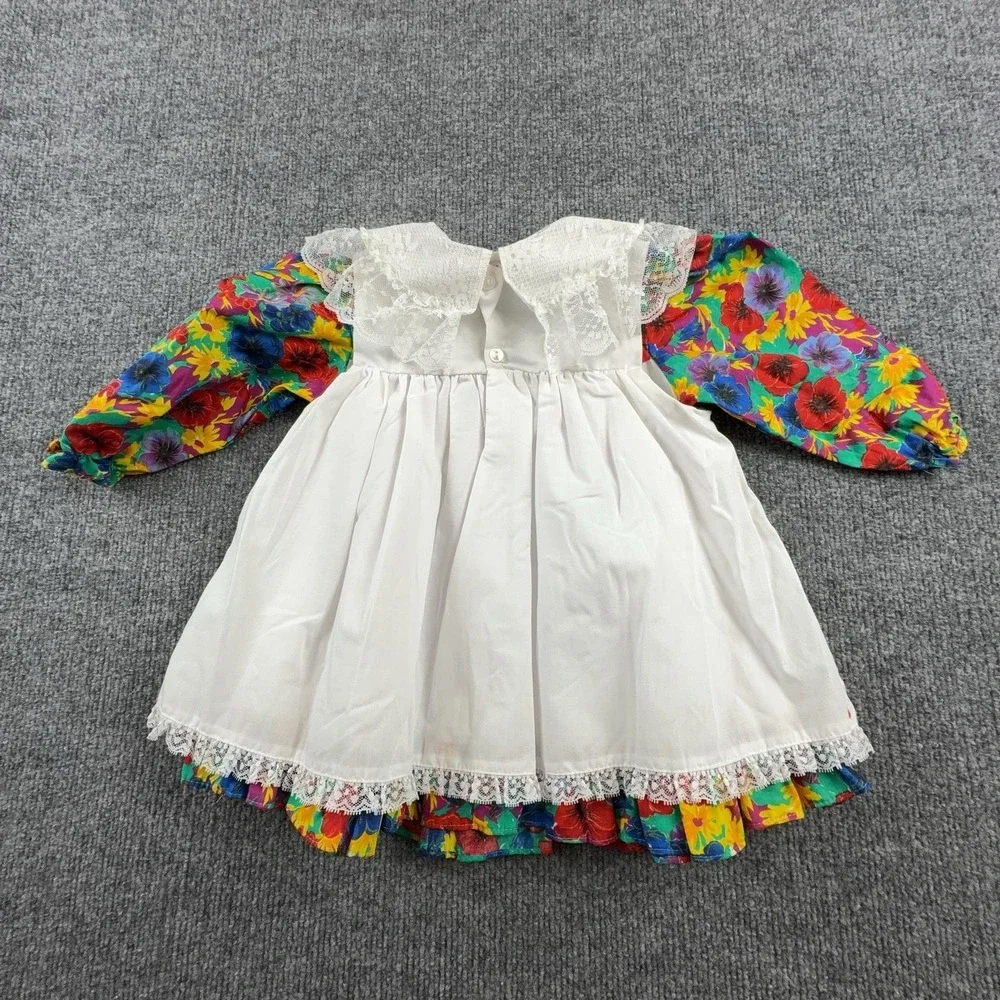 Floral Lace Dress Girls 12-18 Months White Pinafore Long Sleeve Party Ruffle Hem